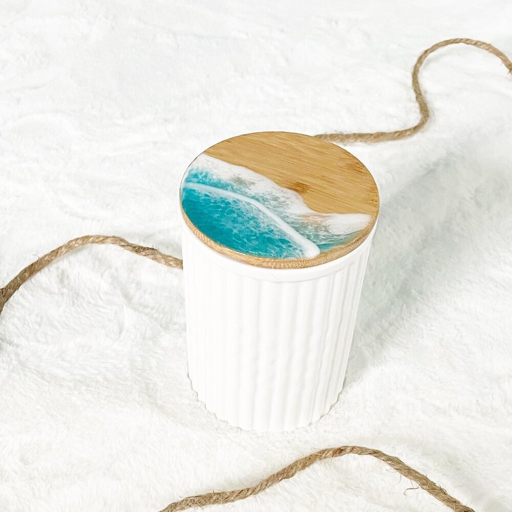 Coastal Ocean Wave Resin Art Medium White Ceramic Canister